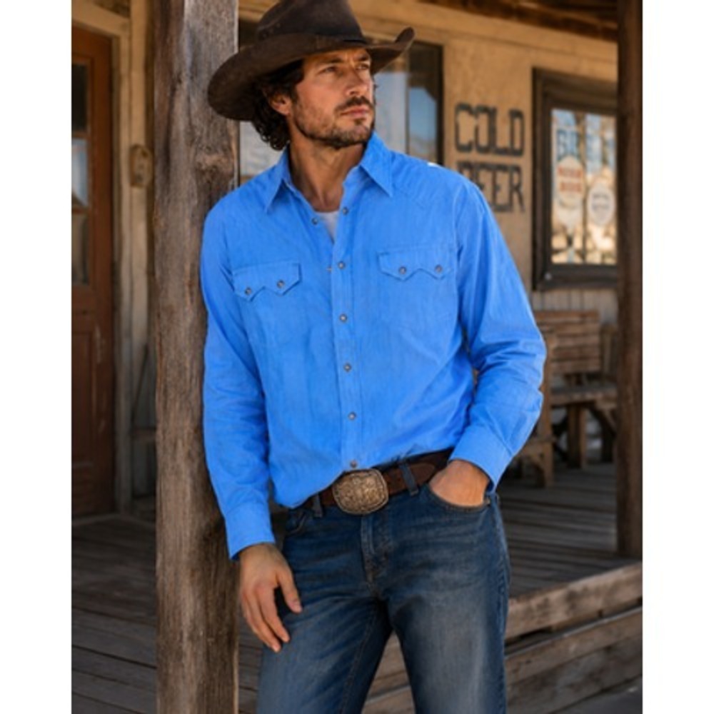 Scully Shirt Mens Large Blue Western Snap Studded 100% Cotton Long Sleeve